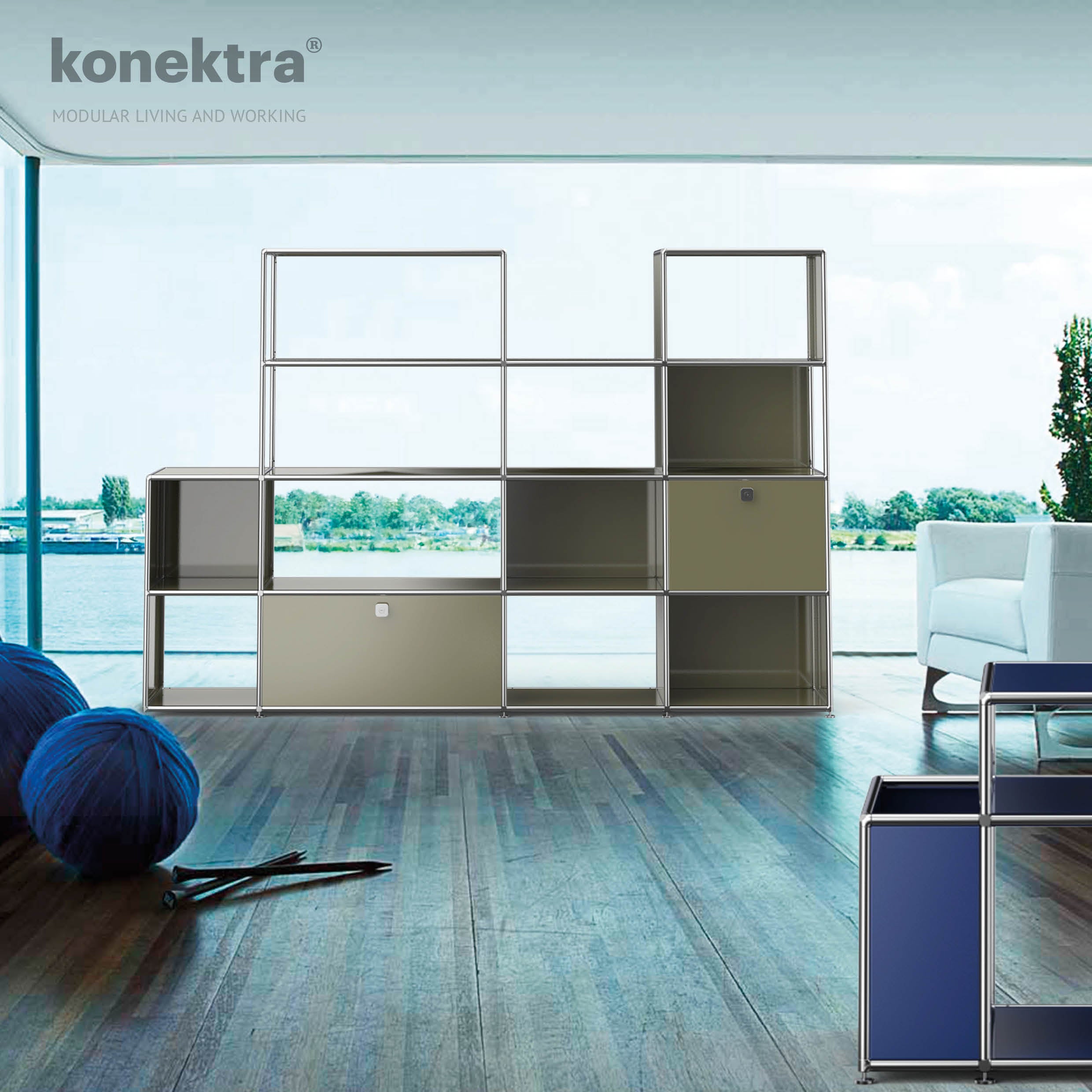 Konektra - Sideboard - 4 Unit - Light Grey & Black with Castors