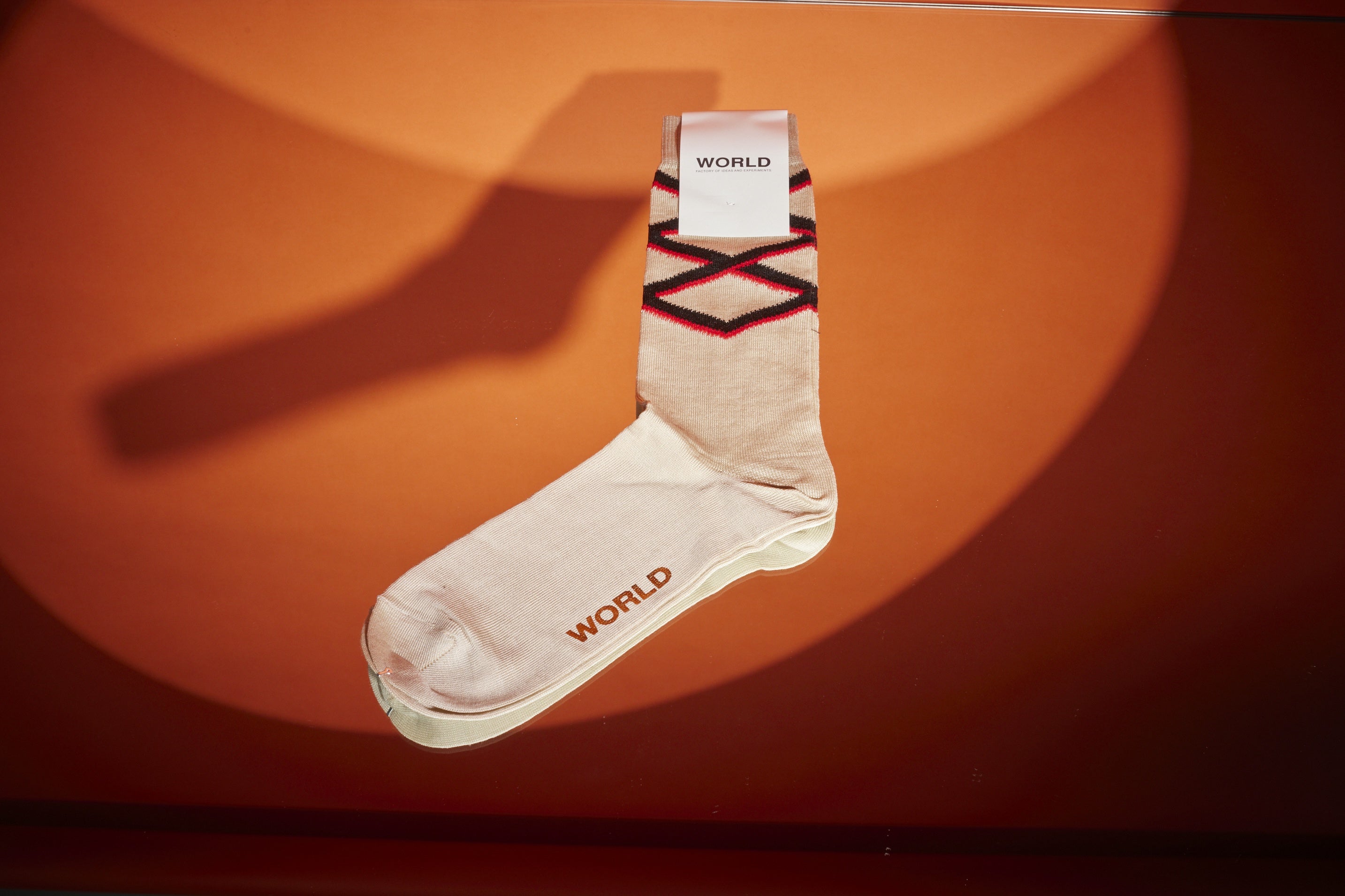 WORLD Italian Made Cotton Socks - Tan w/ Red Black Geometrics