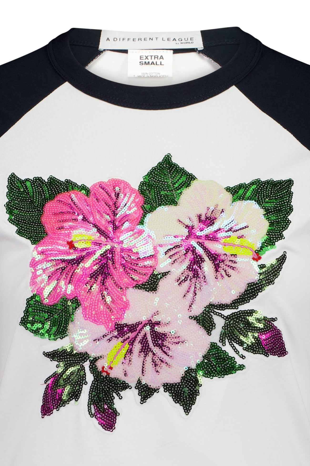The Different League Sequin Floral Raglan T Navy & White