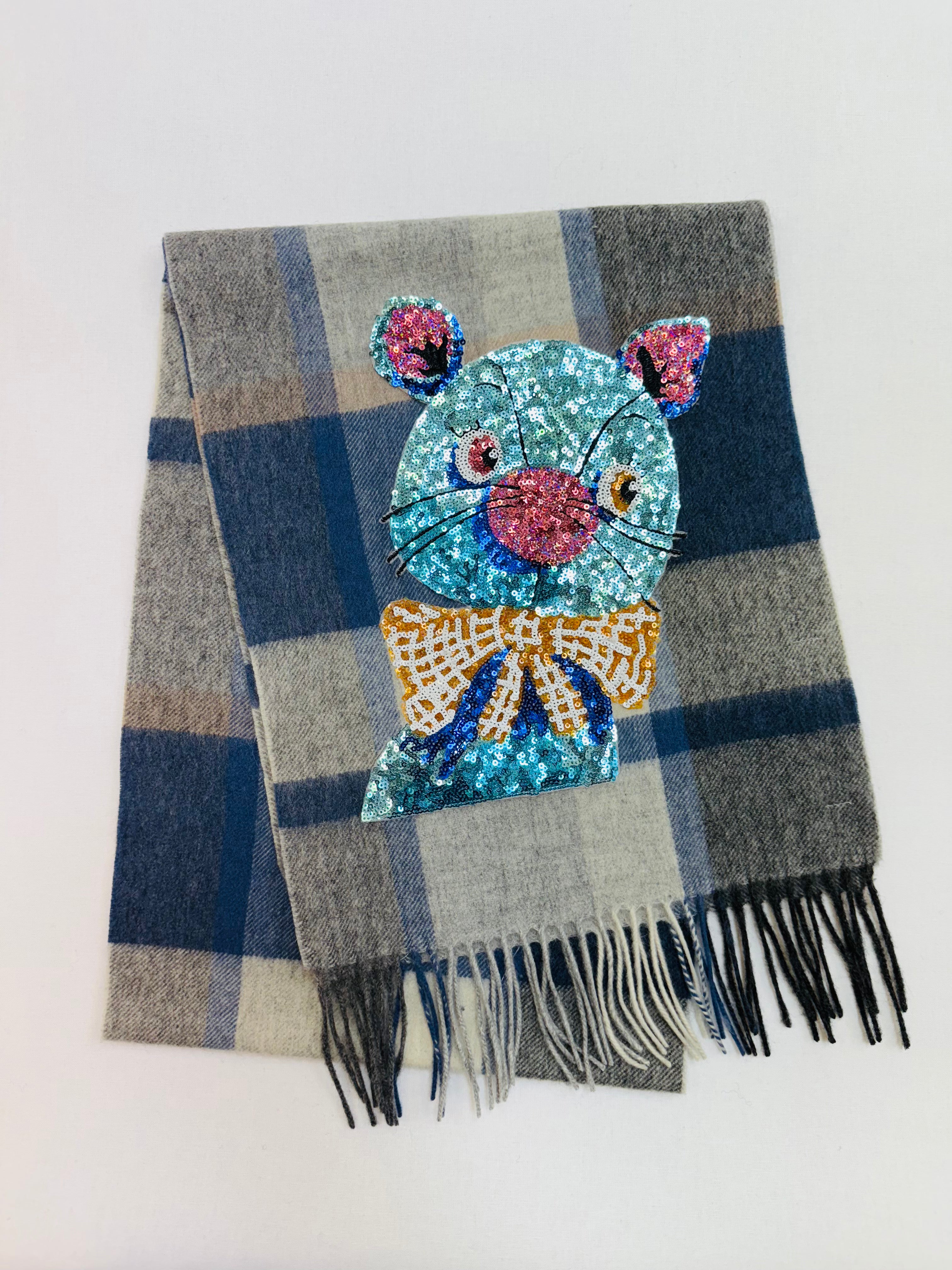 WORLD 26 Lambswool COUTURE Scarf Sky Blue Grey Check - Dry Clean Only