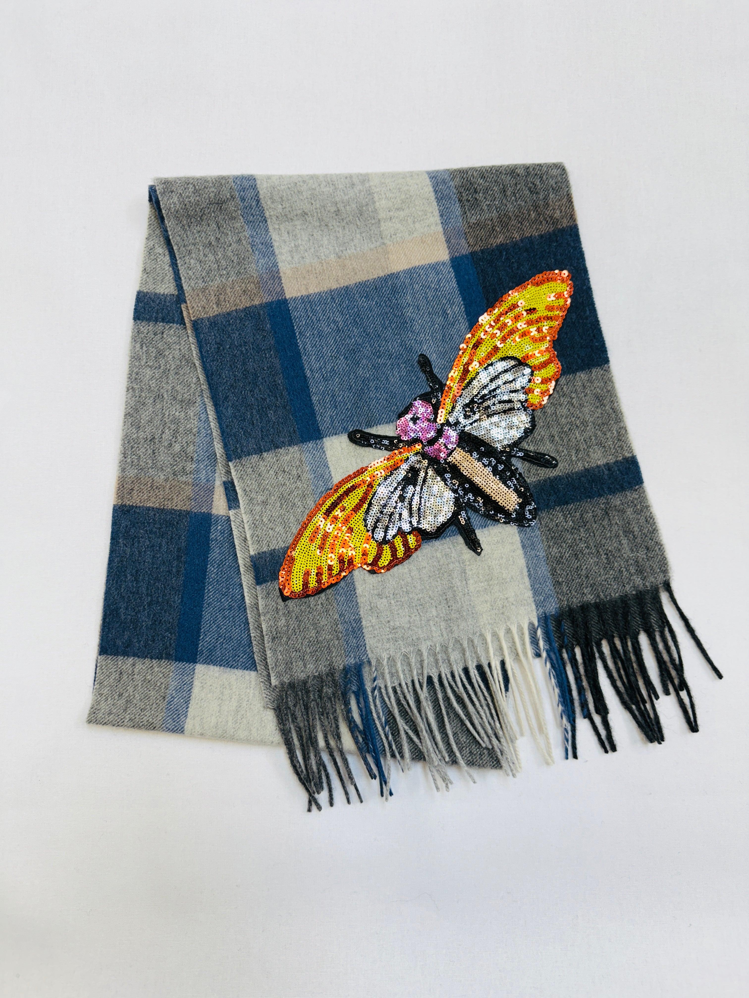 WORLD 26 Lambswool COUTURE Scarf Sky Blue Grey Check - Dry Clean Only