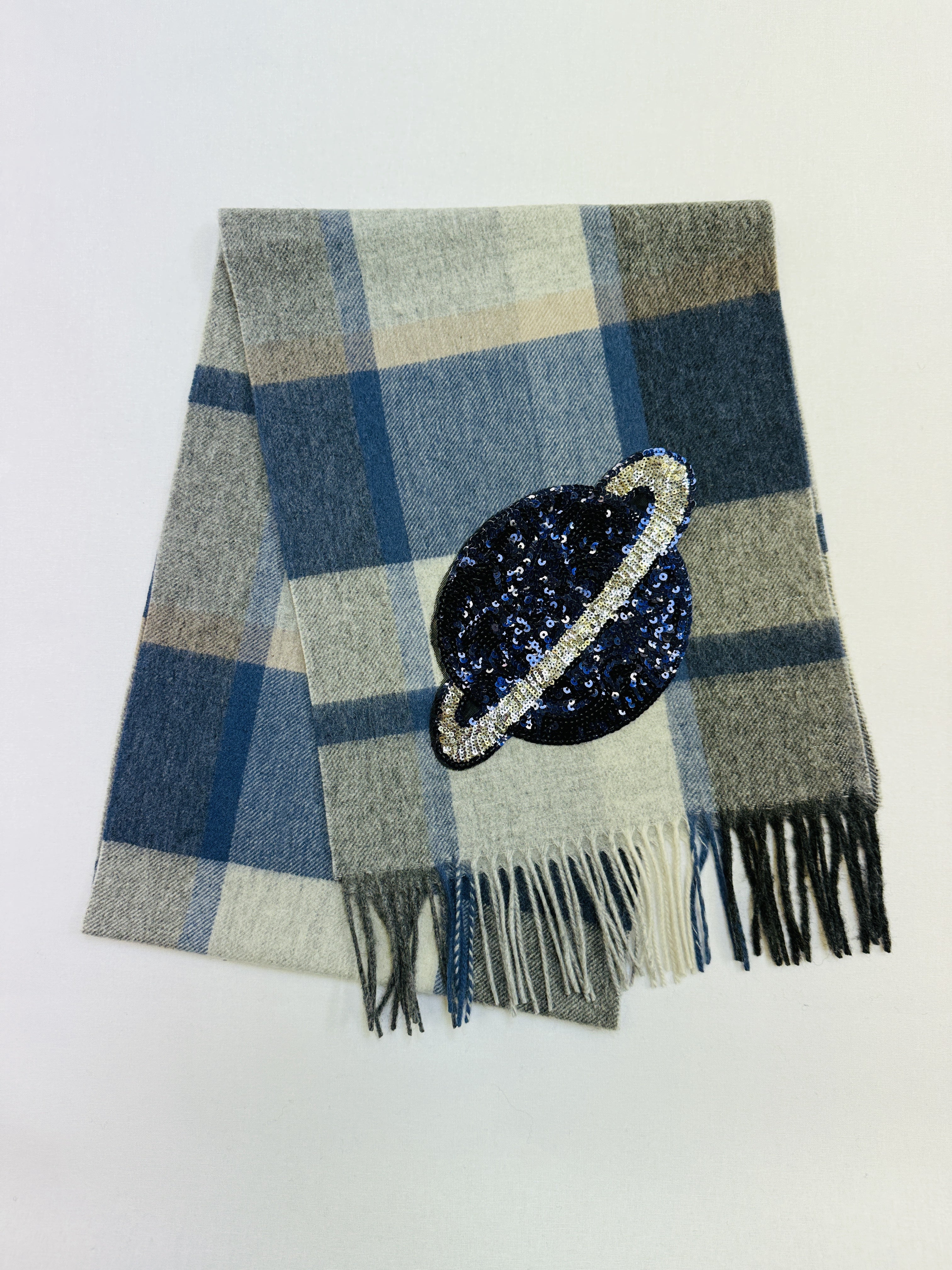 WORLD 26 Lambswool COUTURE Scarf Sky Blue Grey Check - Dry Clean Only