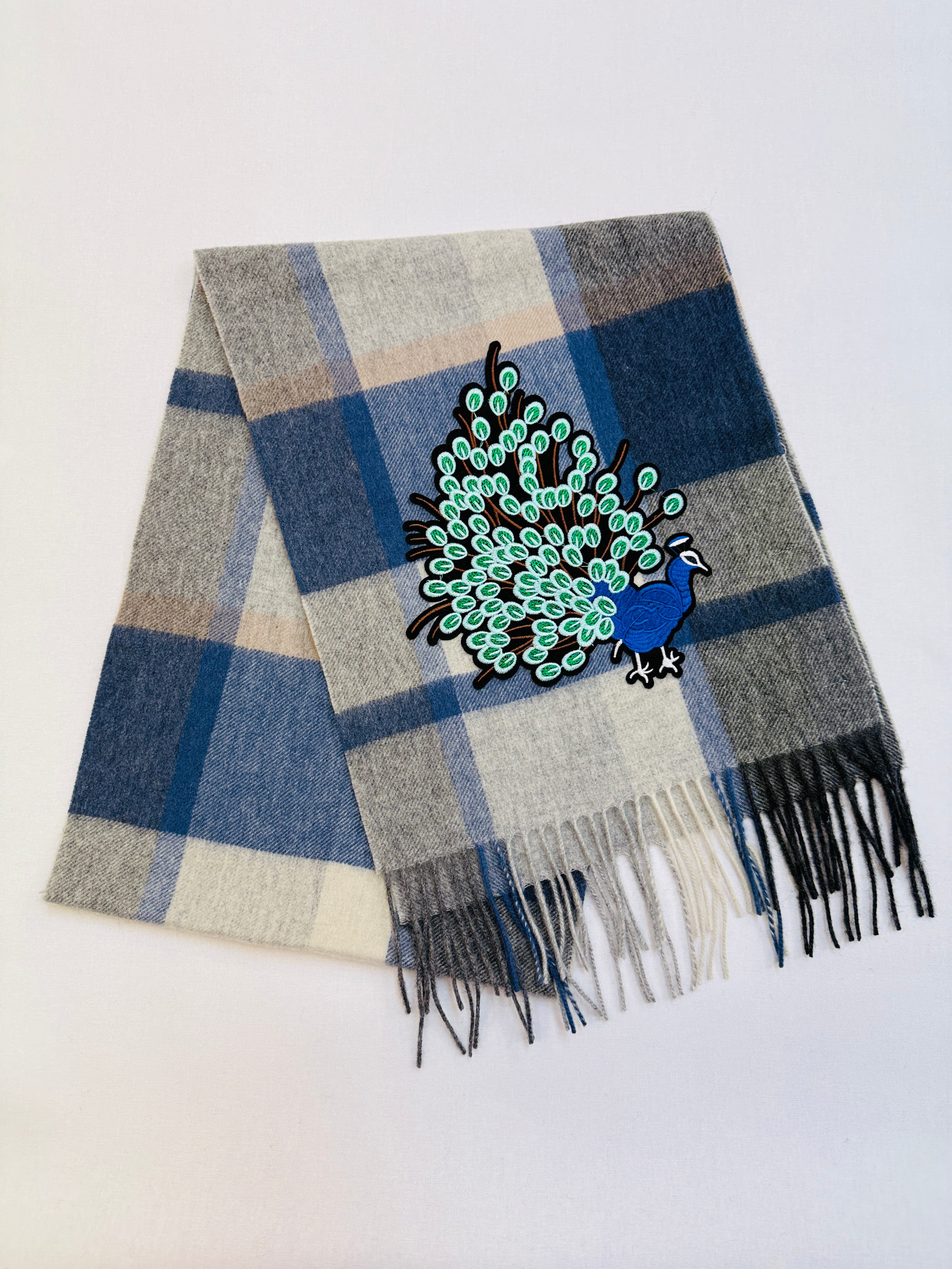 WORLD 26 Lambswool COUTURE Scarf Sky Blue Grey Check - Dry Clean Only