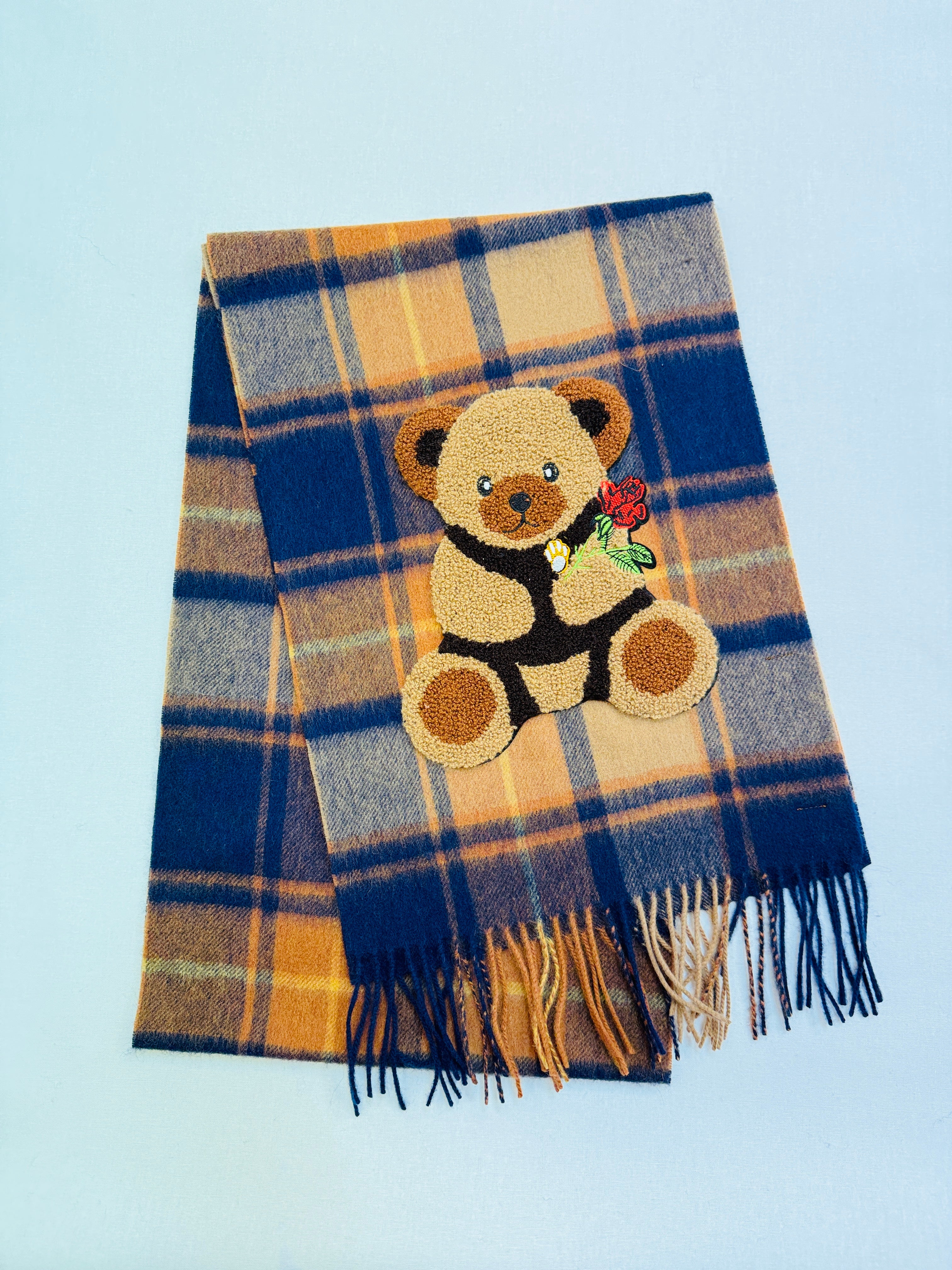 WORLD 26 Lambswool COUTURE Scarf Brick Navy Check - Dry Clean Only