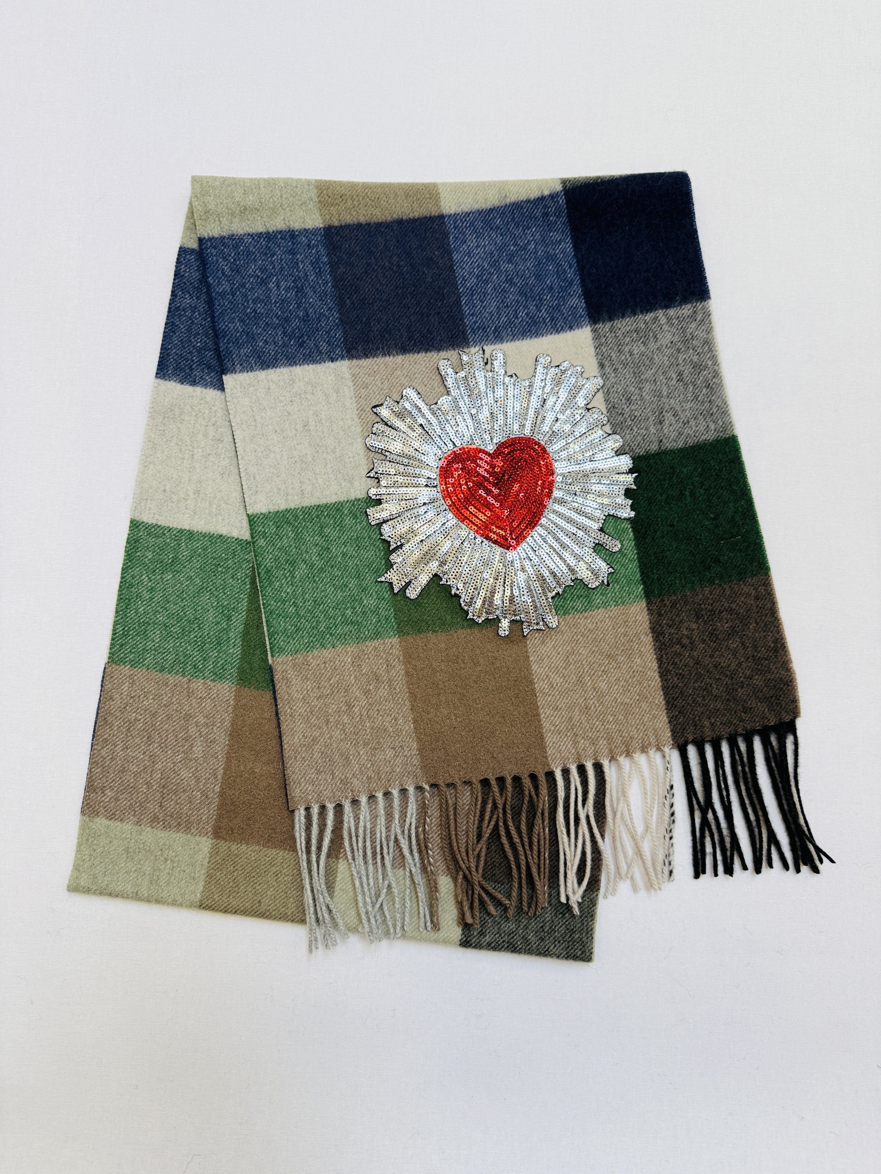 WORLD 26 Lambswool COUTURE Scarf Cream Green Navy Check - Dry Clean Only