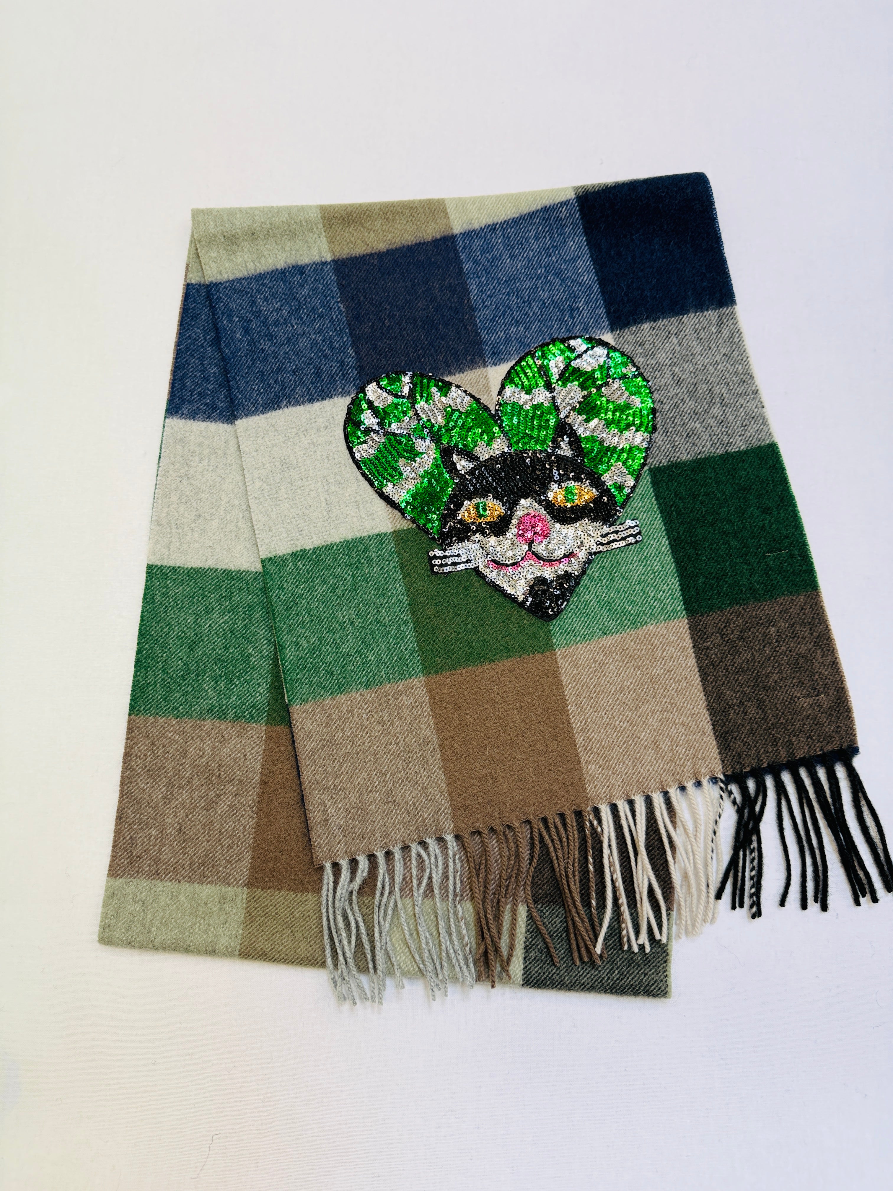 WORLD 26 Lambswool COUTURE Scarf Cream Green Navy Check - Dry Clean Only