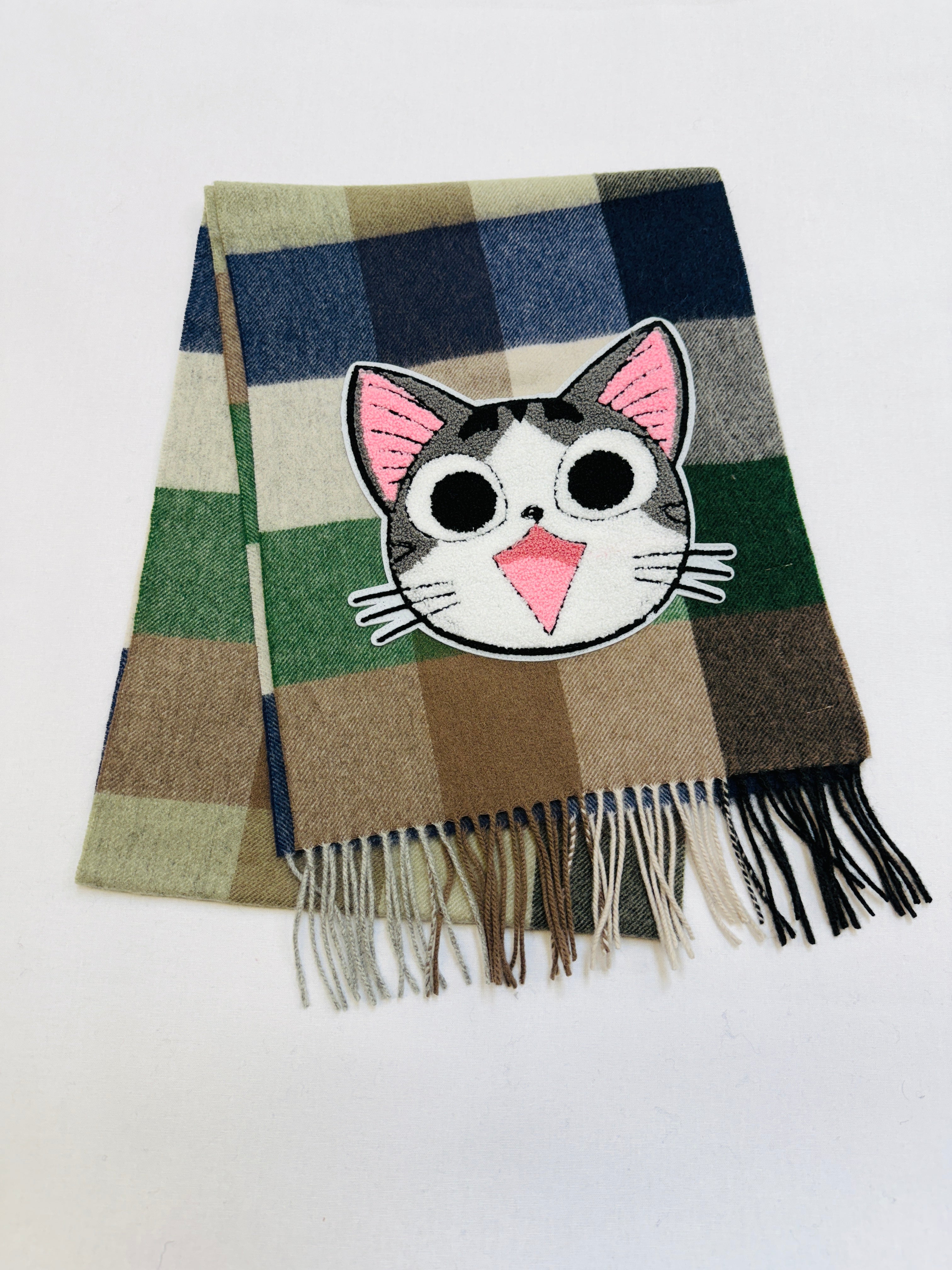 WORLD 26 Lambswool COUTURE Scarf Cream Green Navy Check - Dry Clean Only