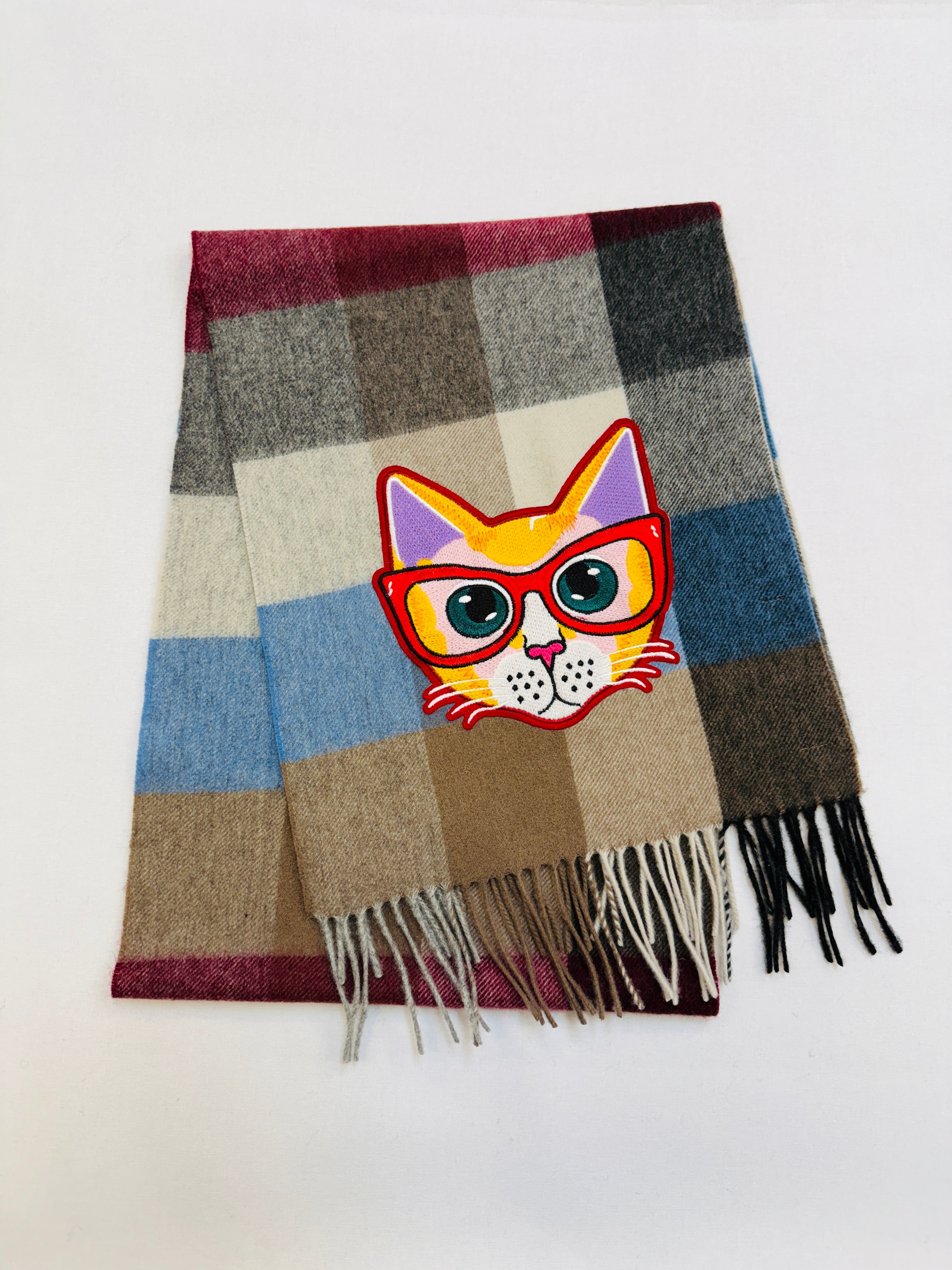 WORLD 26 Lambswool COUTURE Scarf Grey Red Blue Check Check - Dry Clean Only