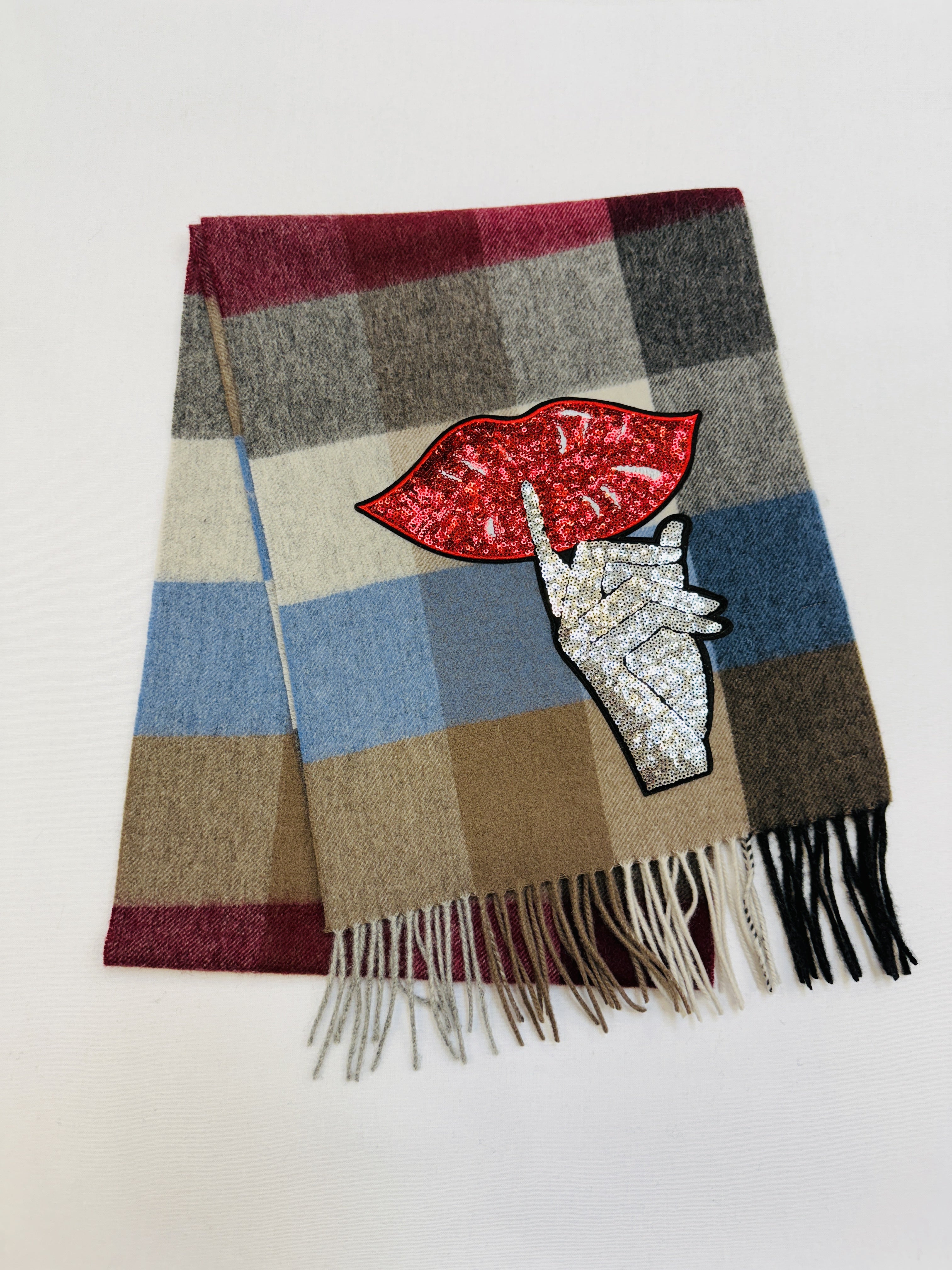 WORLD 26 Lambswool COUTURE Scarf Grey Red Blue Check Check - Dry Clean Only