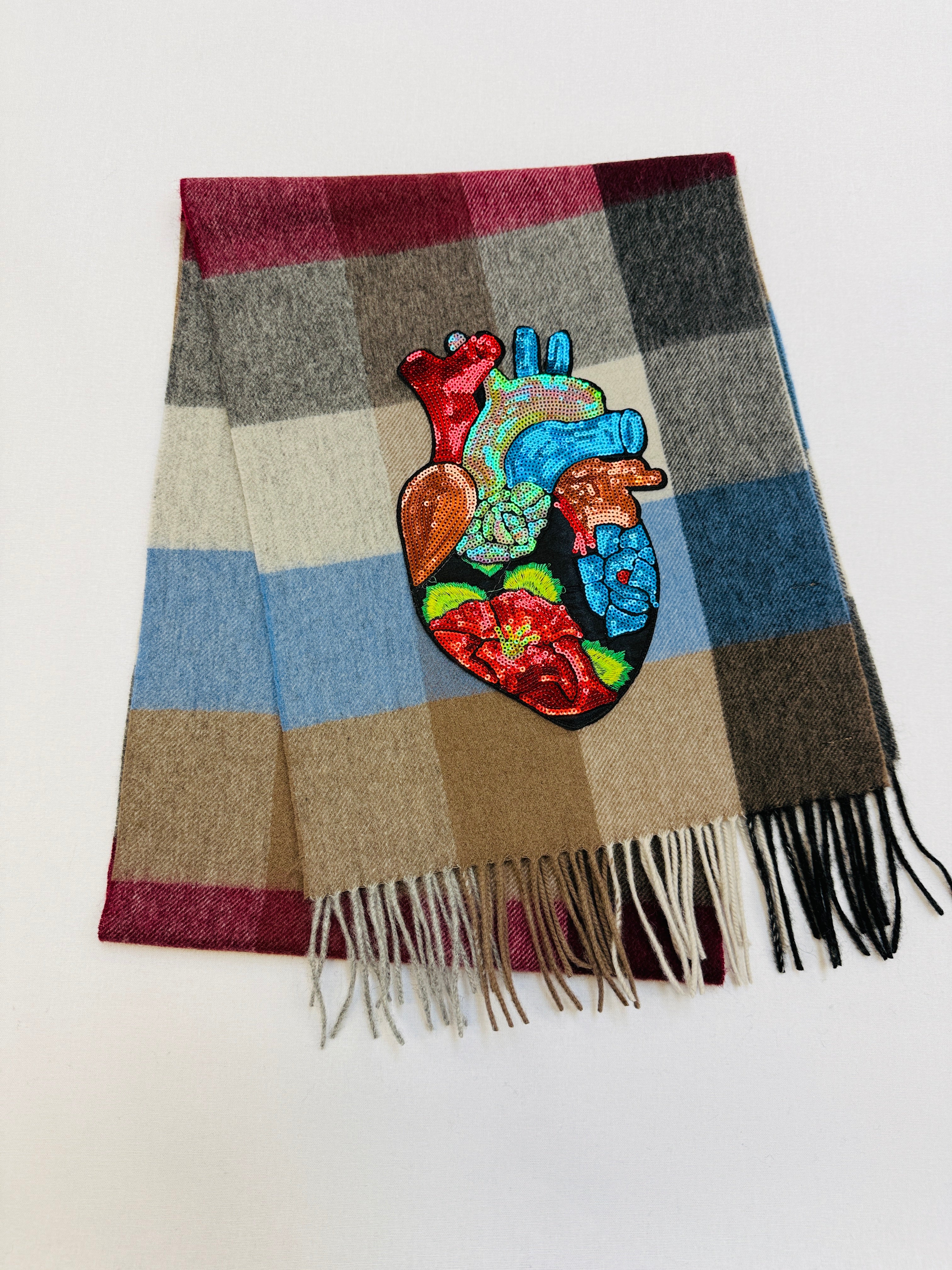 WORLD 26 Lambswool COUTURE Scarf Grey Red Blue Check Check - Dry Clean Only