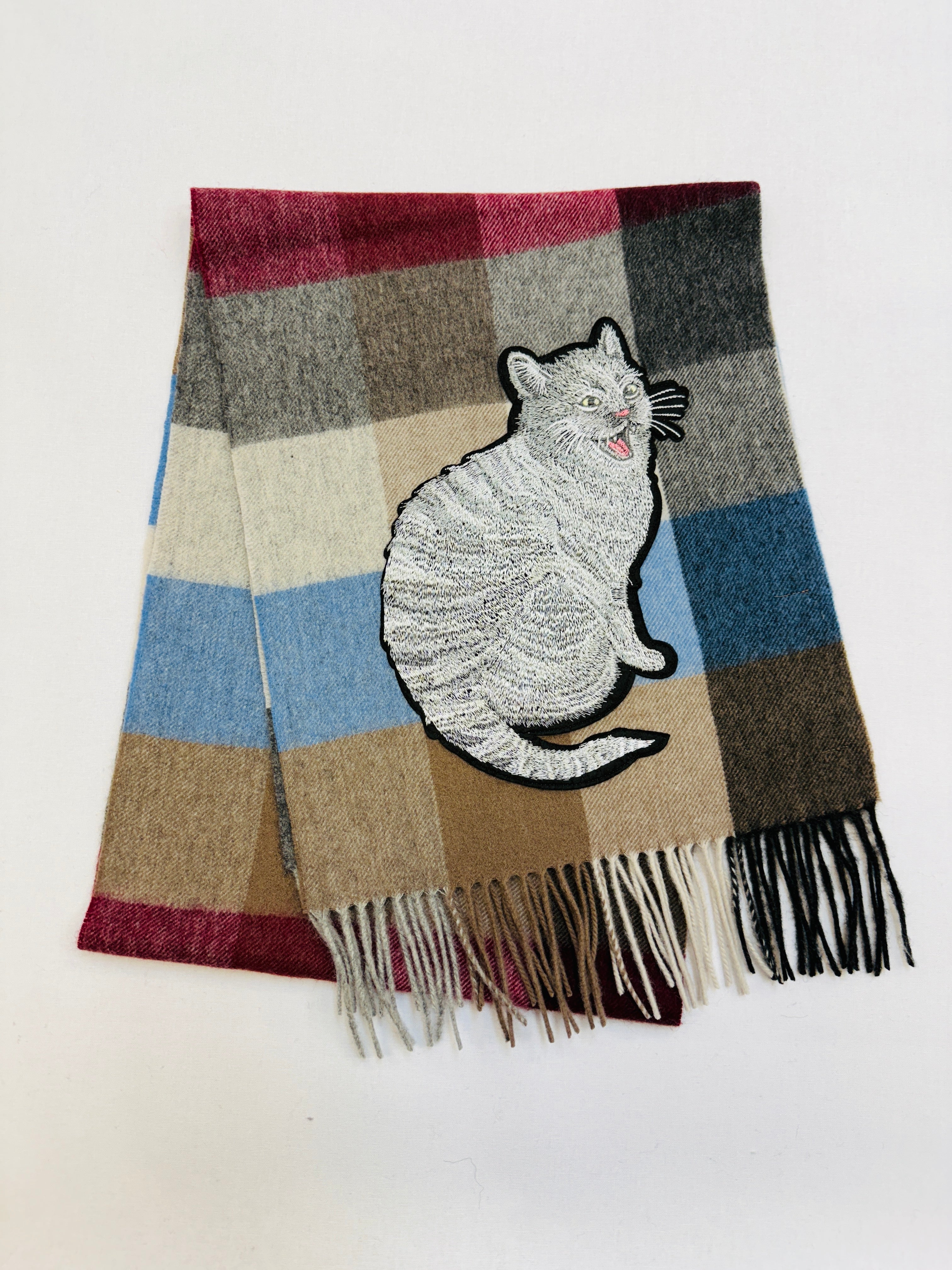 WORLD 26 Lambswool COUTURE Scarf Grey Red Blue Check Check - Dry Clean Only