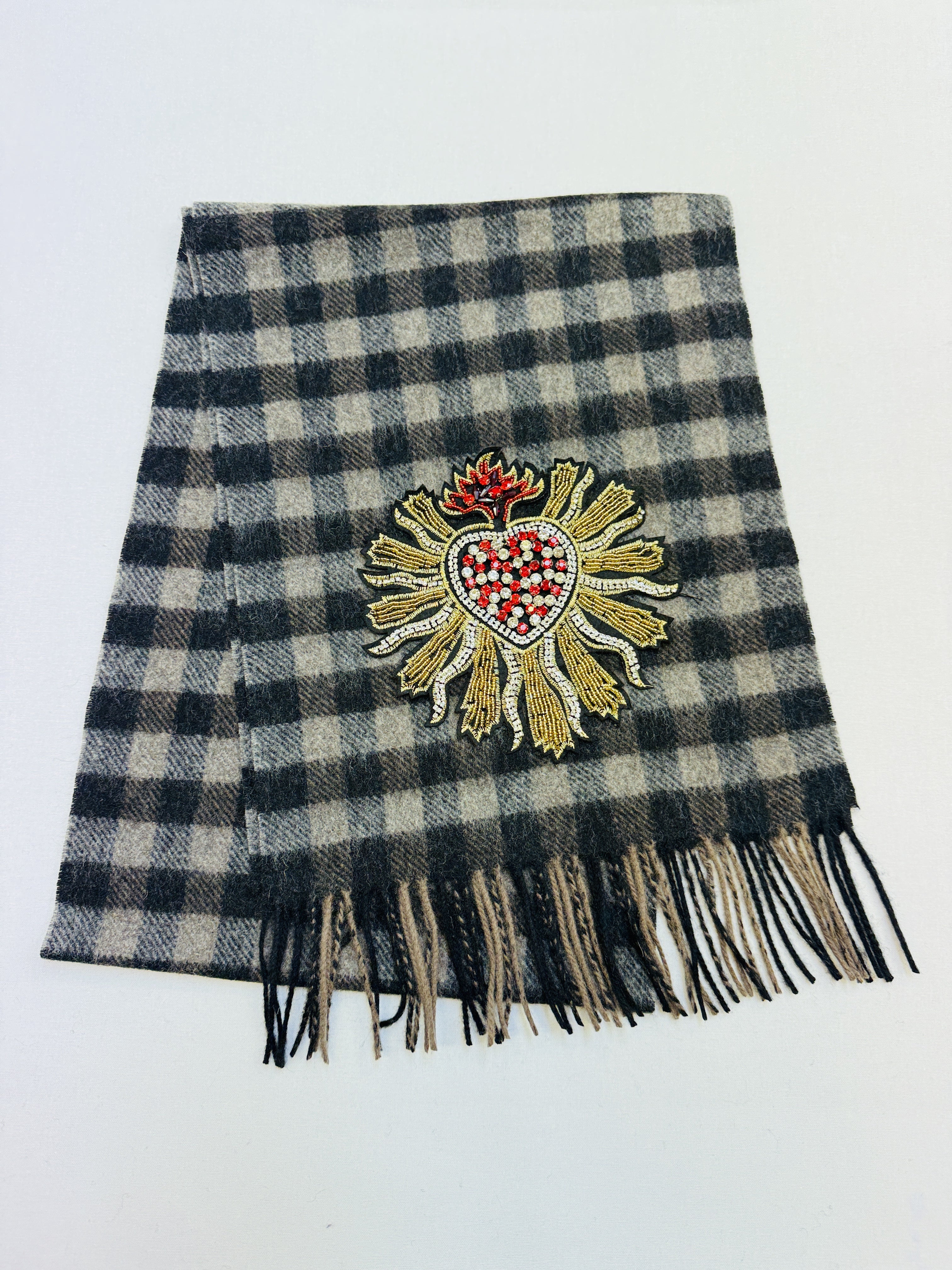 WORLD 26 Lambswool COUTURE Scarf Black Brown Check - Dry Clean Only