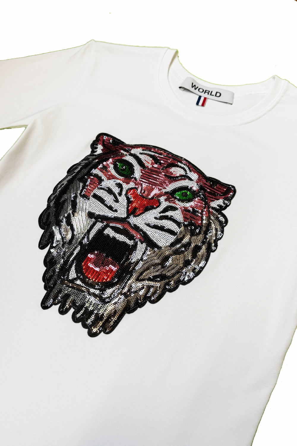 WORLD 5065 Flow T-Shirt White w/ Sequin Tiger (UNISEX)