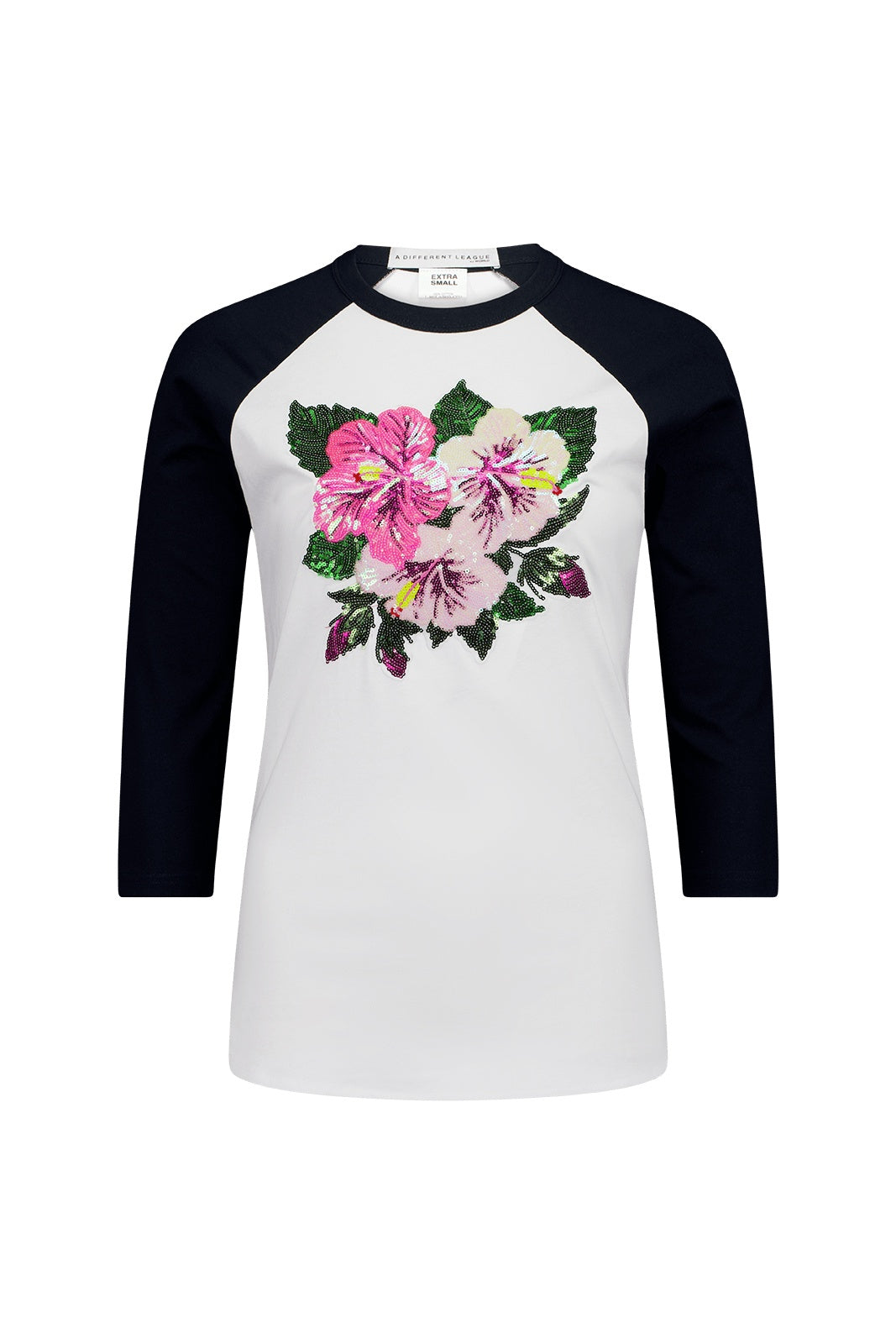 The Different League Sequin Floral Raglan T Navy & White