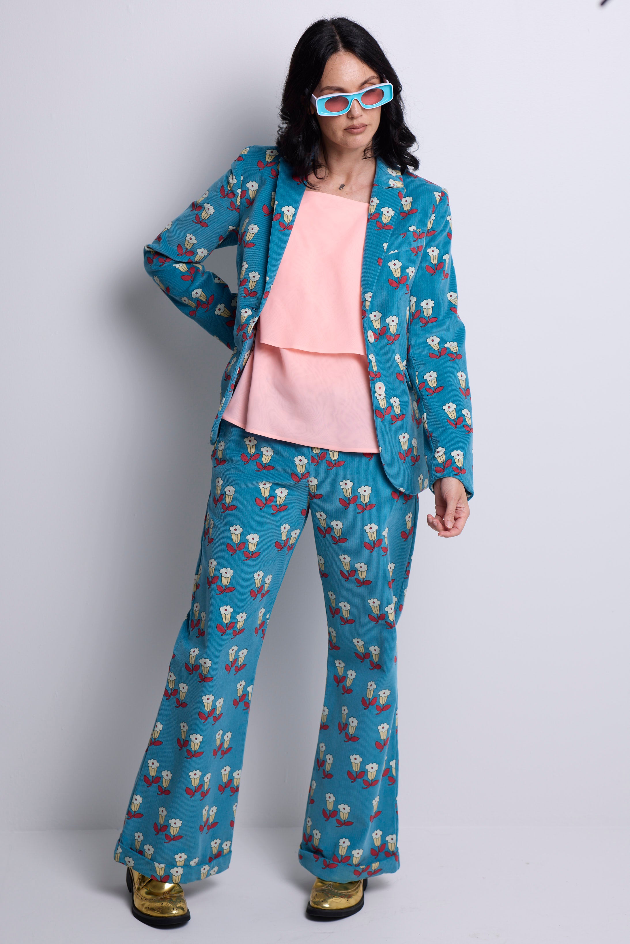 WORLD 5056 Folklore Trouser Blue Floral Pin Cord