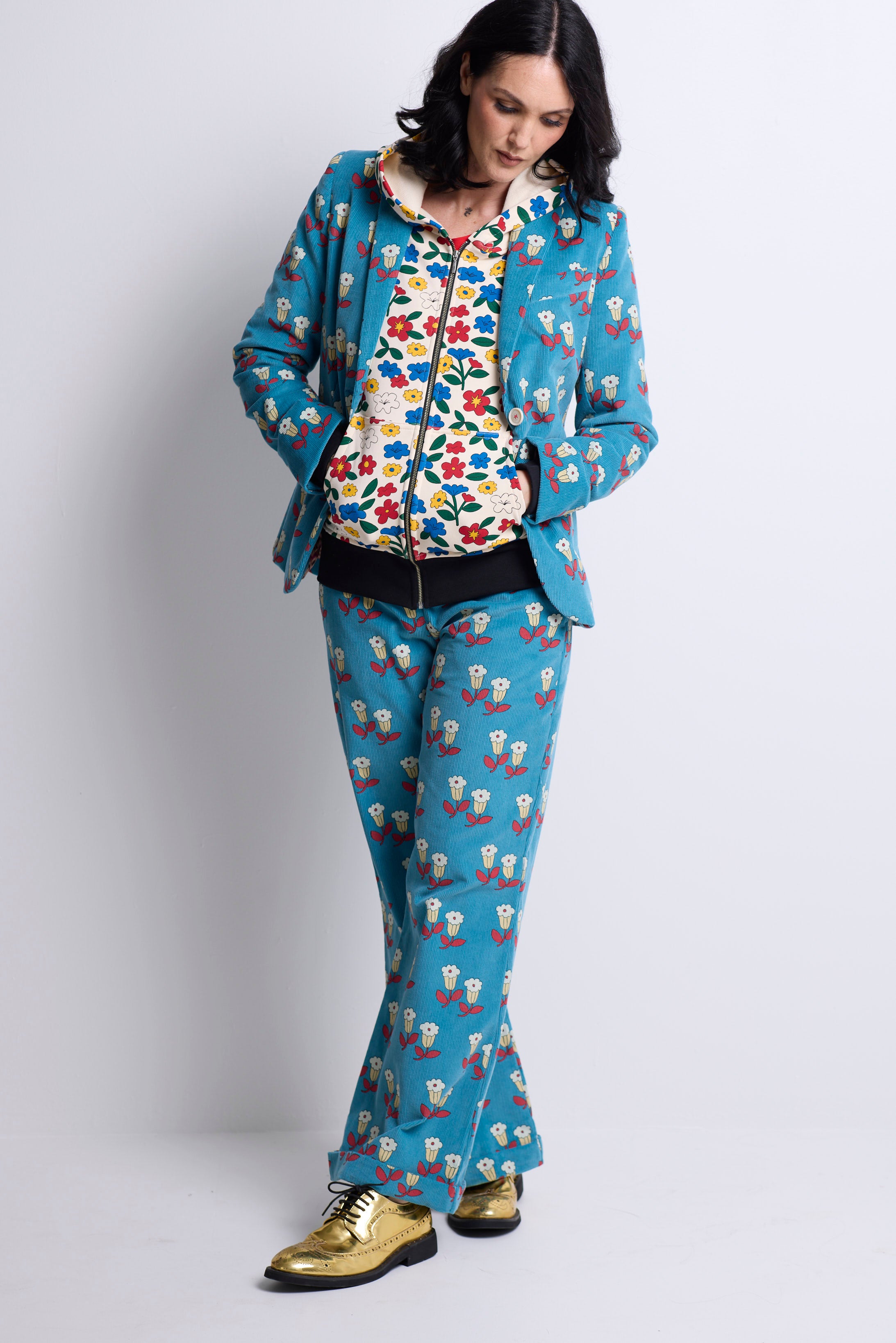 WORLD 5056 Folklore Trouser Blue Floral Pin Cord