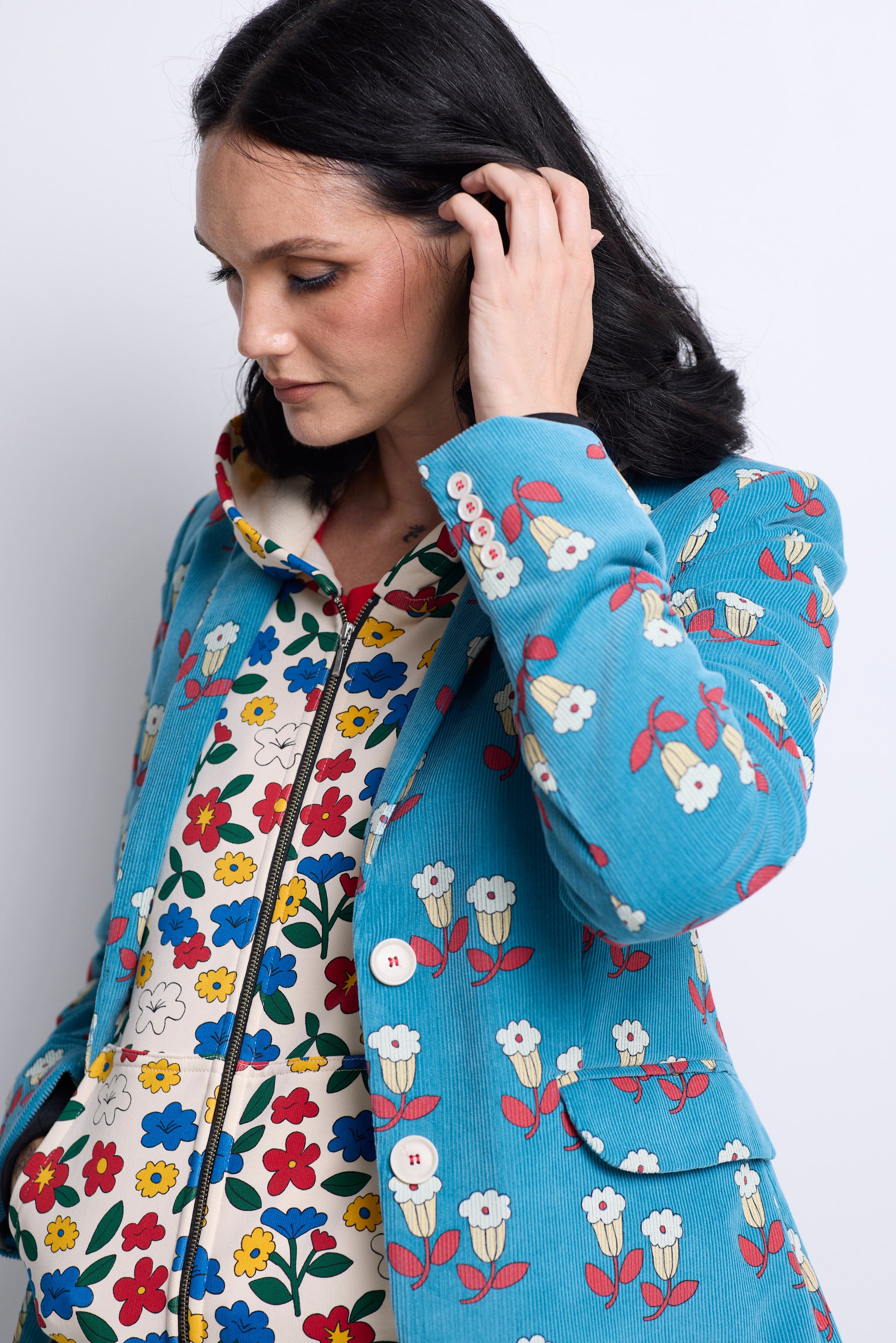 WORLD 5590 Folklore Blazer Blue Floral Pin Cord