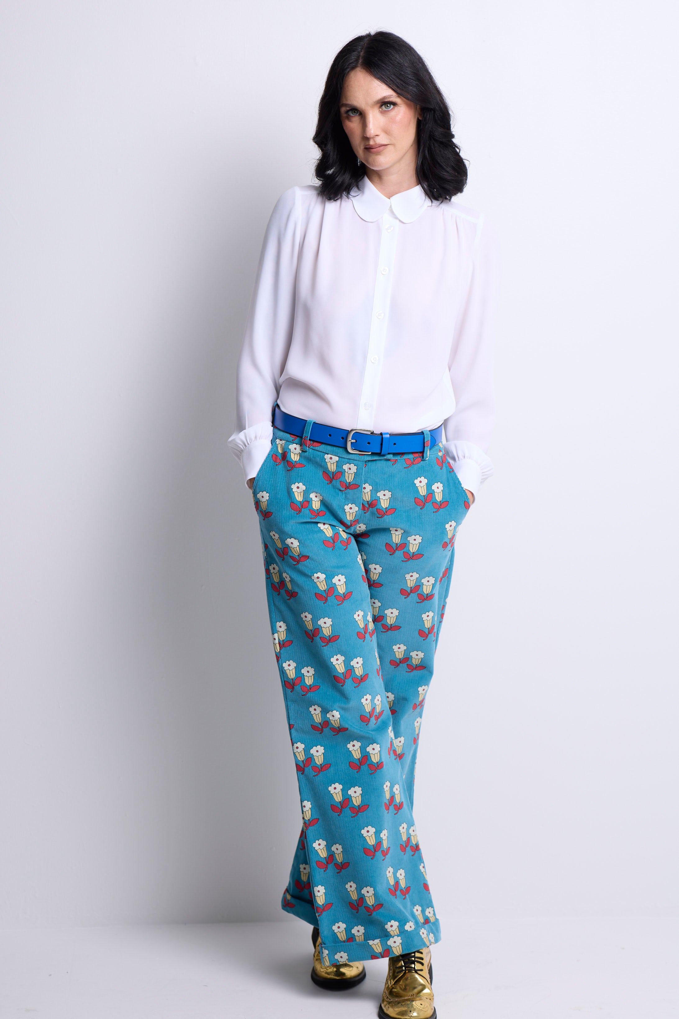 WORLD 5056 Folklore Trouser Blue Floral Pin Cord