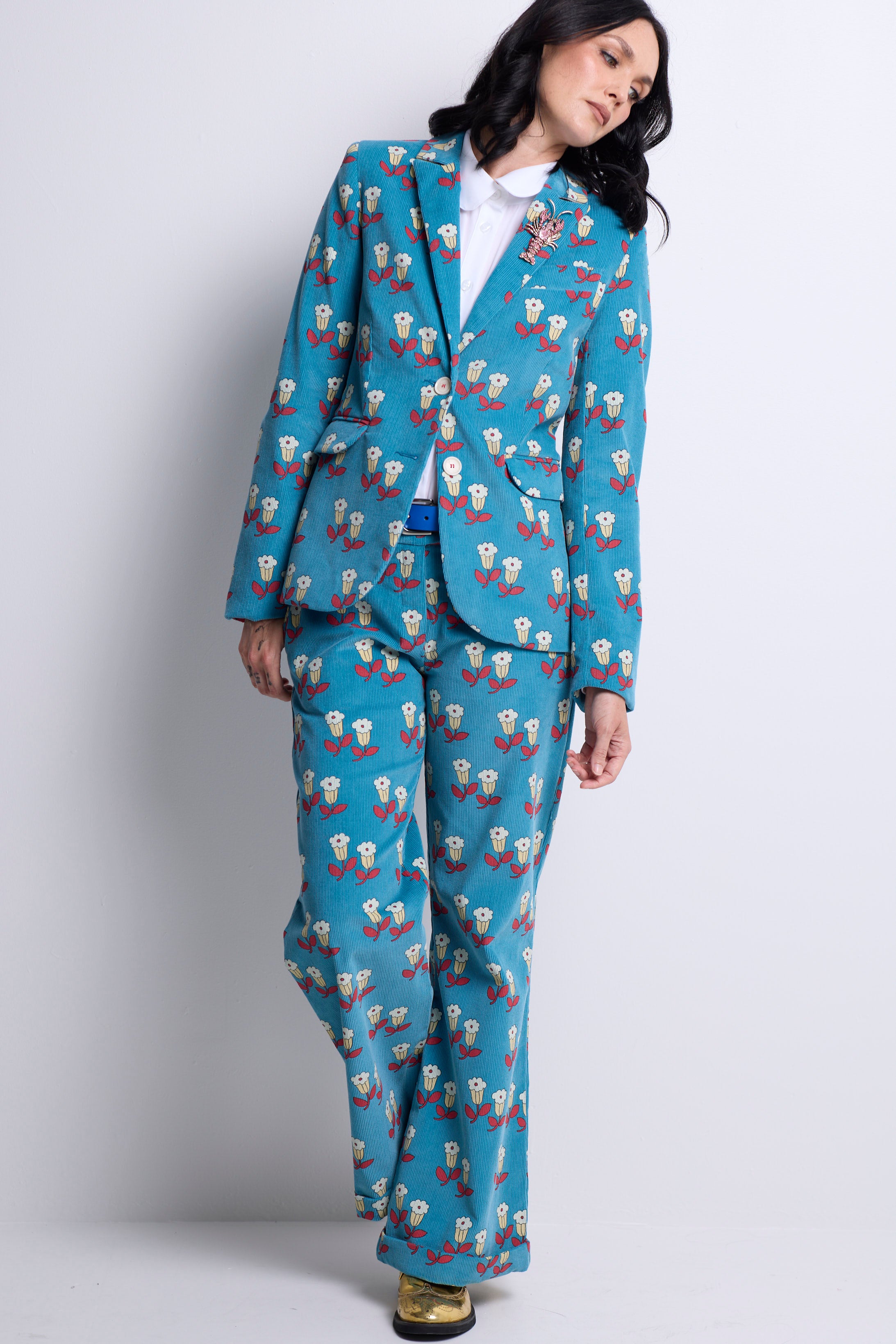 WORLD 5056 Folklore Trouser Blue Floral Pin Cord