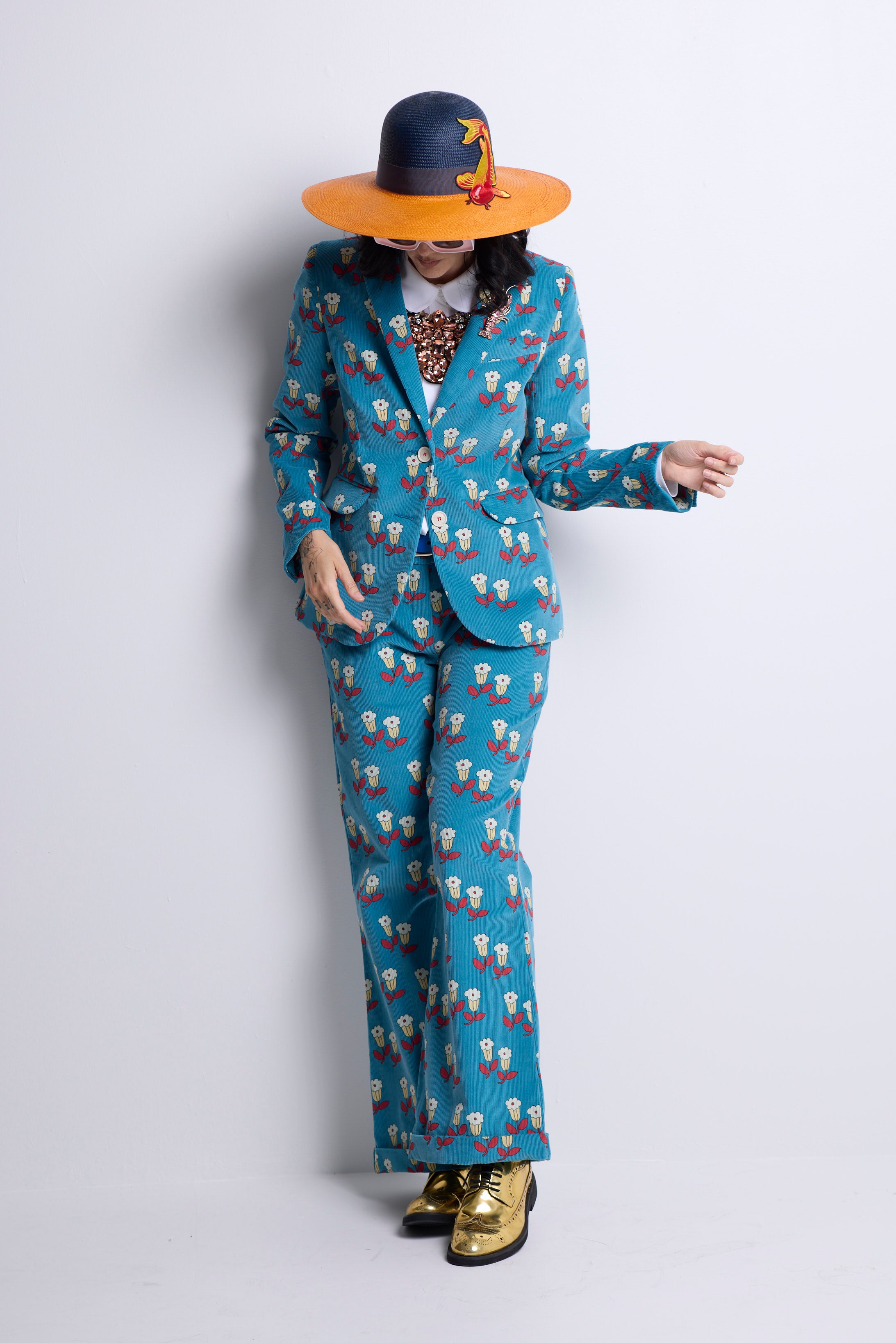 WORLD 5056 Folklore Trouser Blue Floral Pin Cord