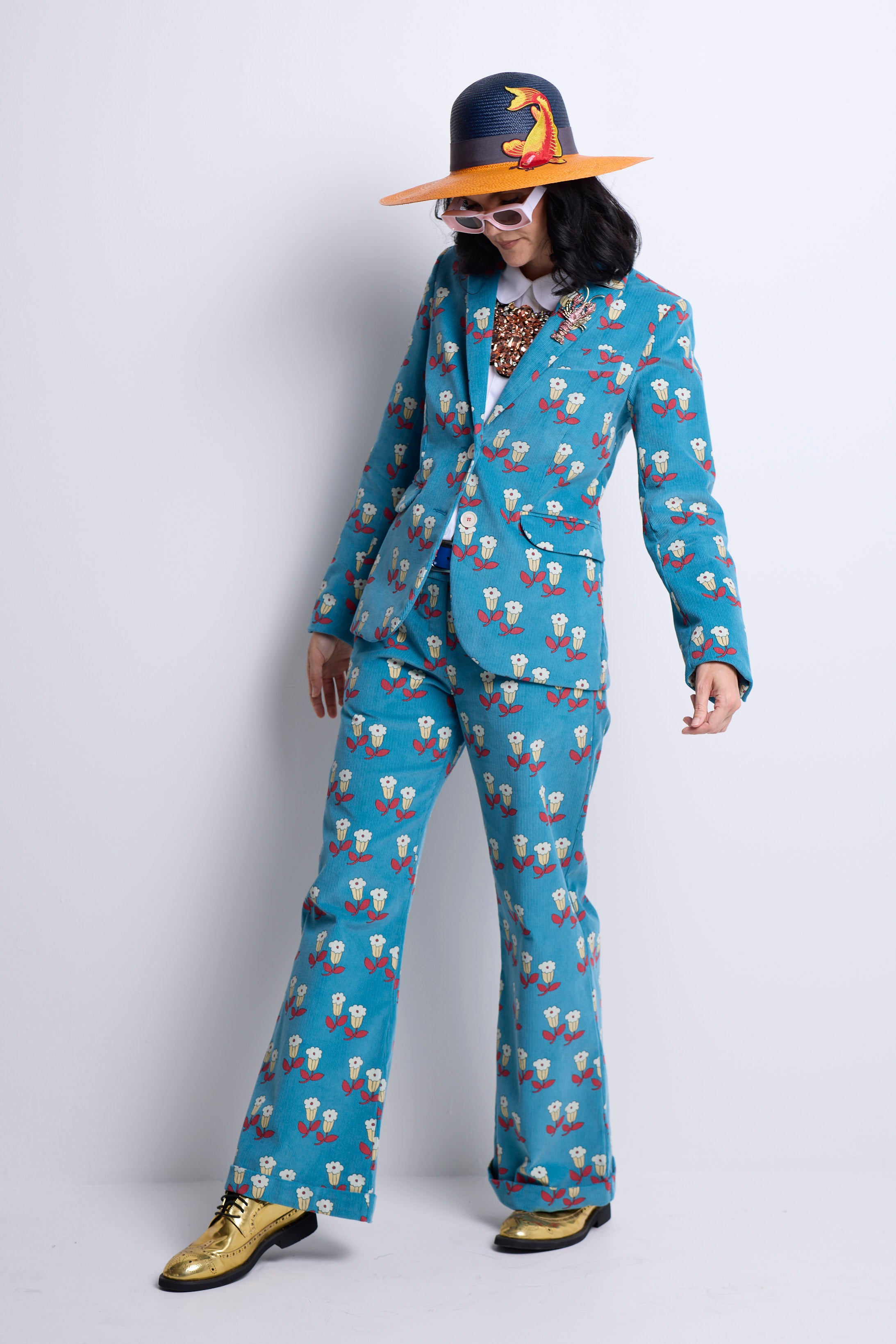 WORLD 5056 Folklore Trouser Blue Floral Pin Cord