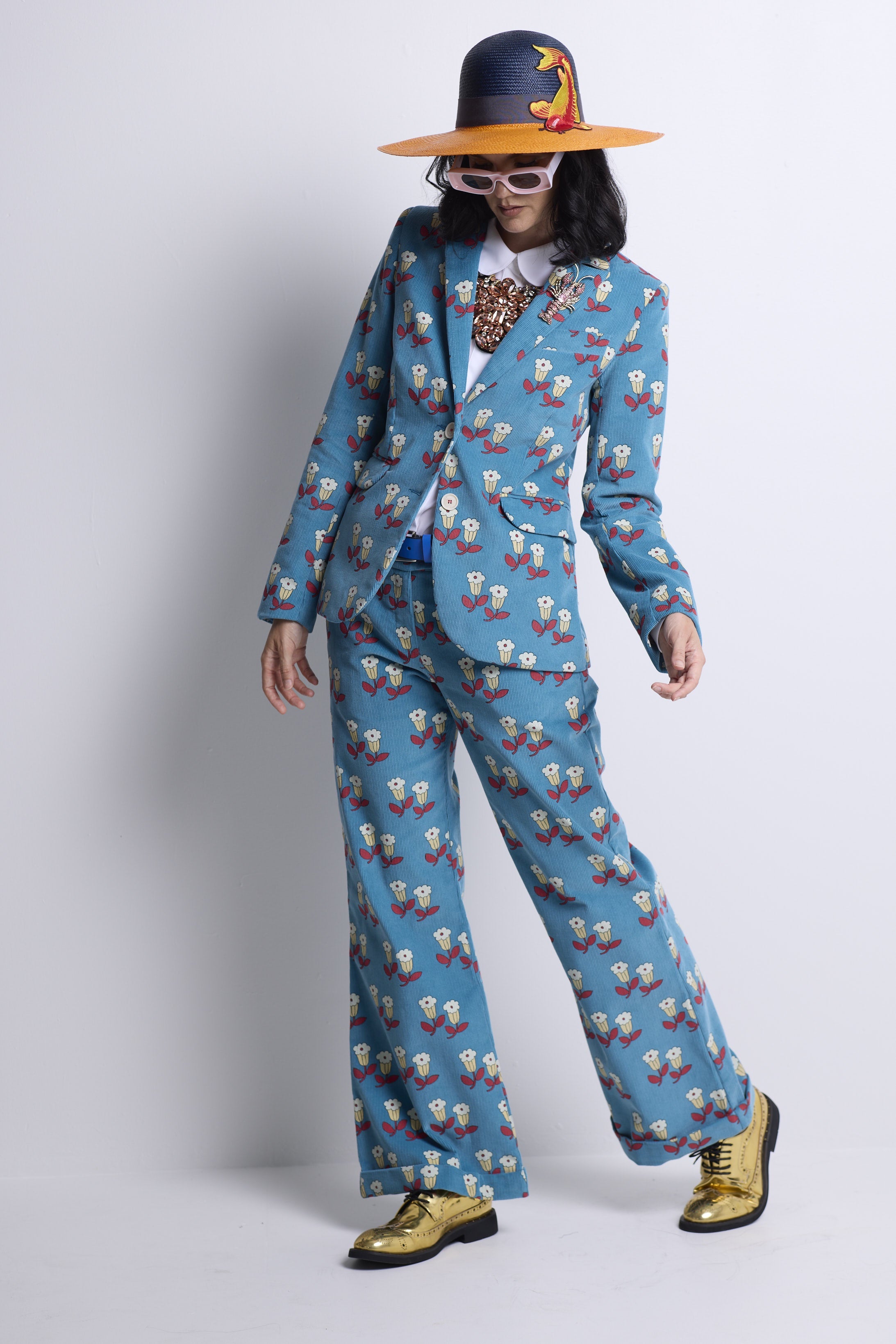 WORLD 5056 Folklore Trouser Blue Floral Pin Cord