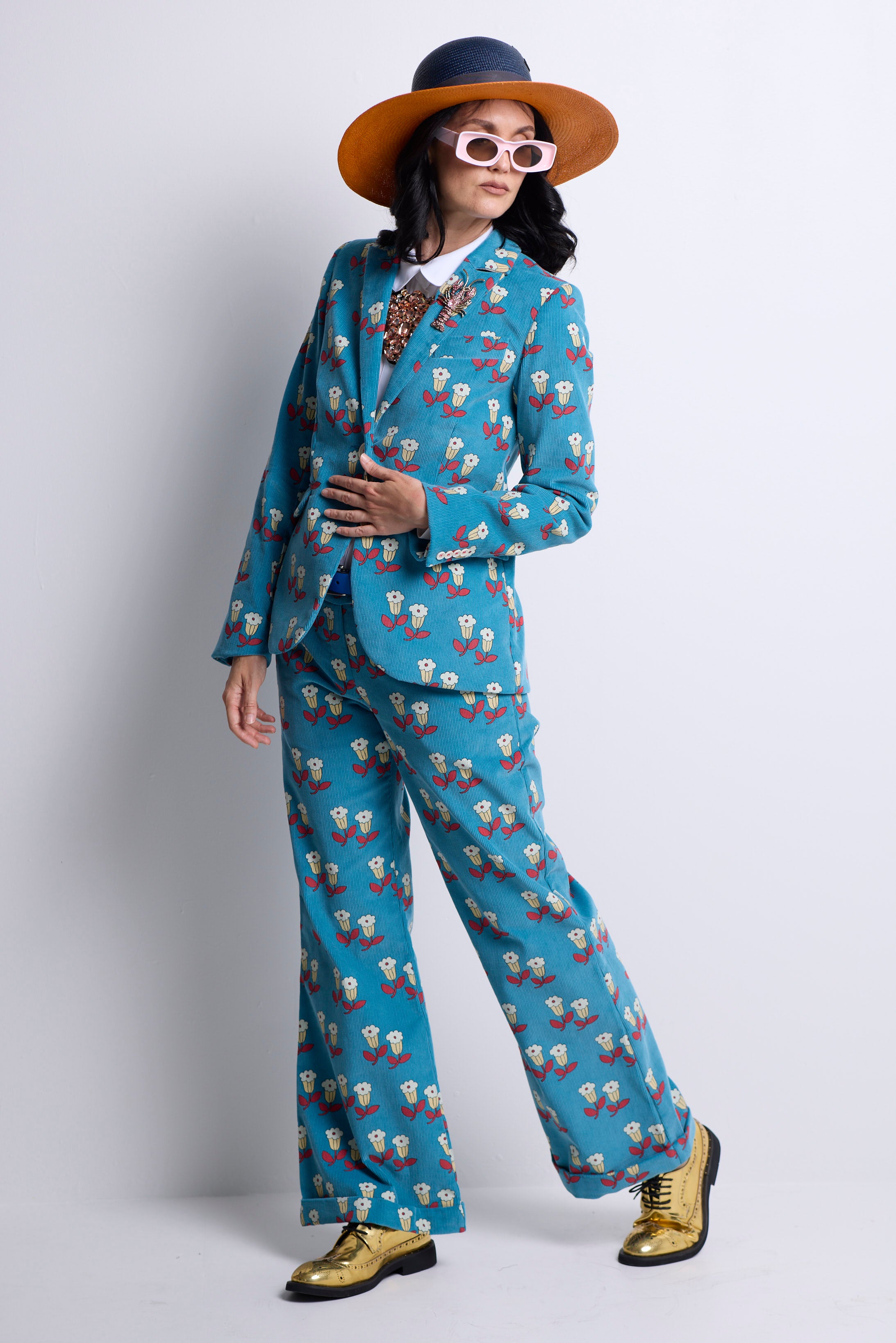 WORLD 5056 Folklore Trouser Blue Floral Pin Cord
