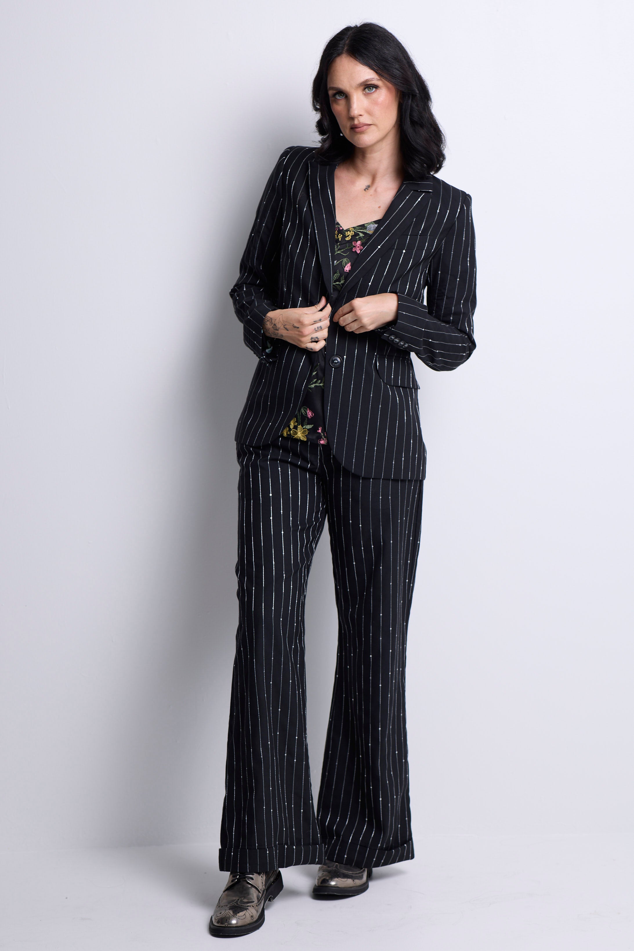 WORLD 5056 Folklore Trouser Black Silver Sequin Pinstripe