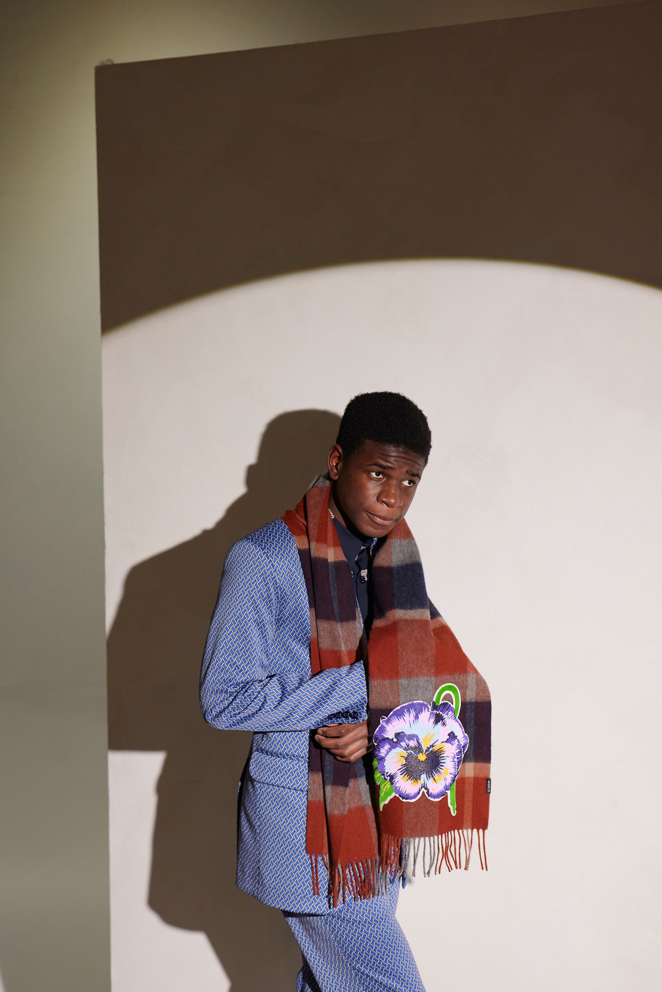 WORLD 23 Lambswool COUTURE Scarf - Navy Brick Check w/Violet