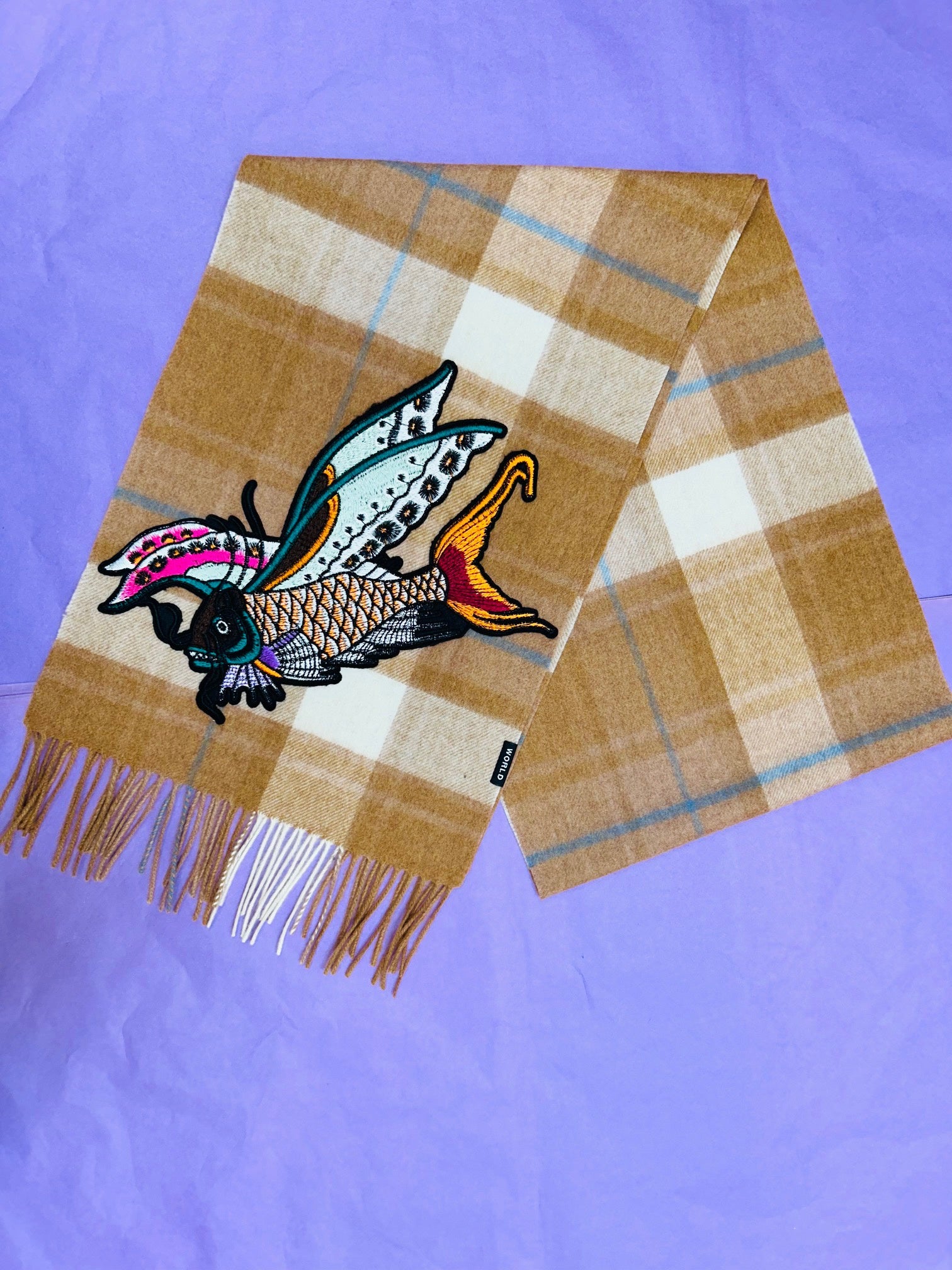 WORLD 24 Lambswool COUTURE Scarf - Tan Check w/Fish