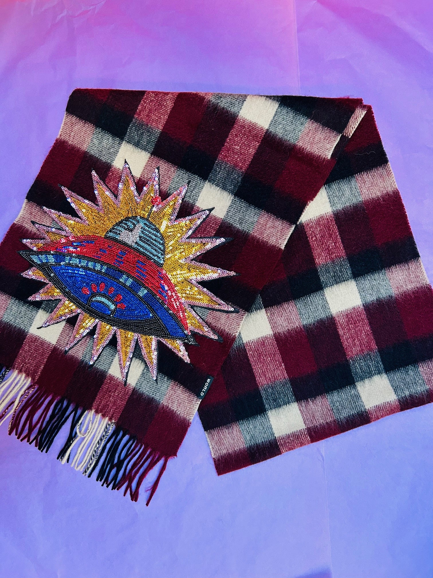 WORLD 24 Lambswool COUTURE Scarf - Red Black Check w/UFO
